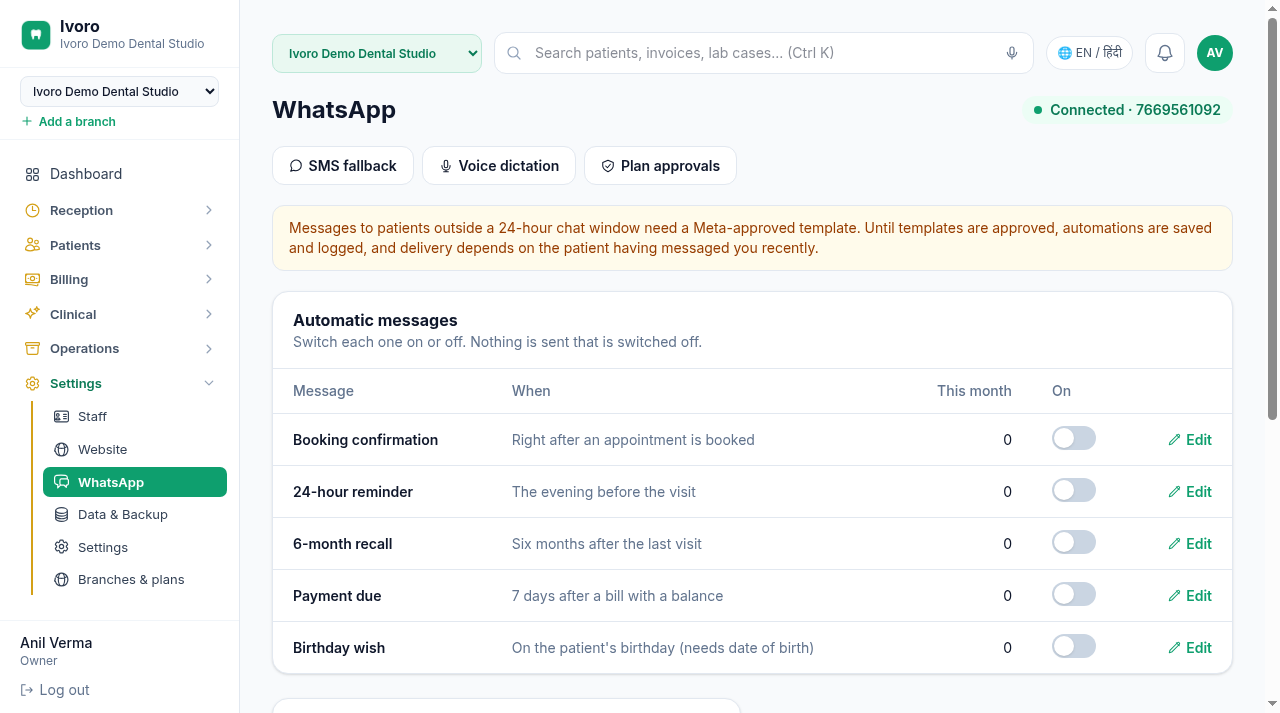 Automatic WhatsApp messages: booking confirmation, reminders, recalls